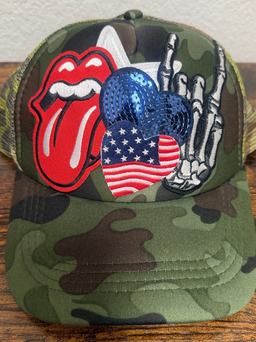 Custom Camo Trucker Hat with Patriotic Sequin Heart & Rolling Stones Patch